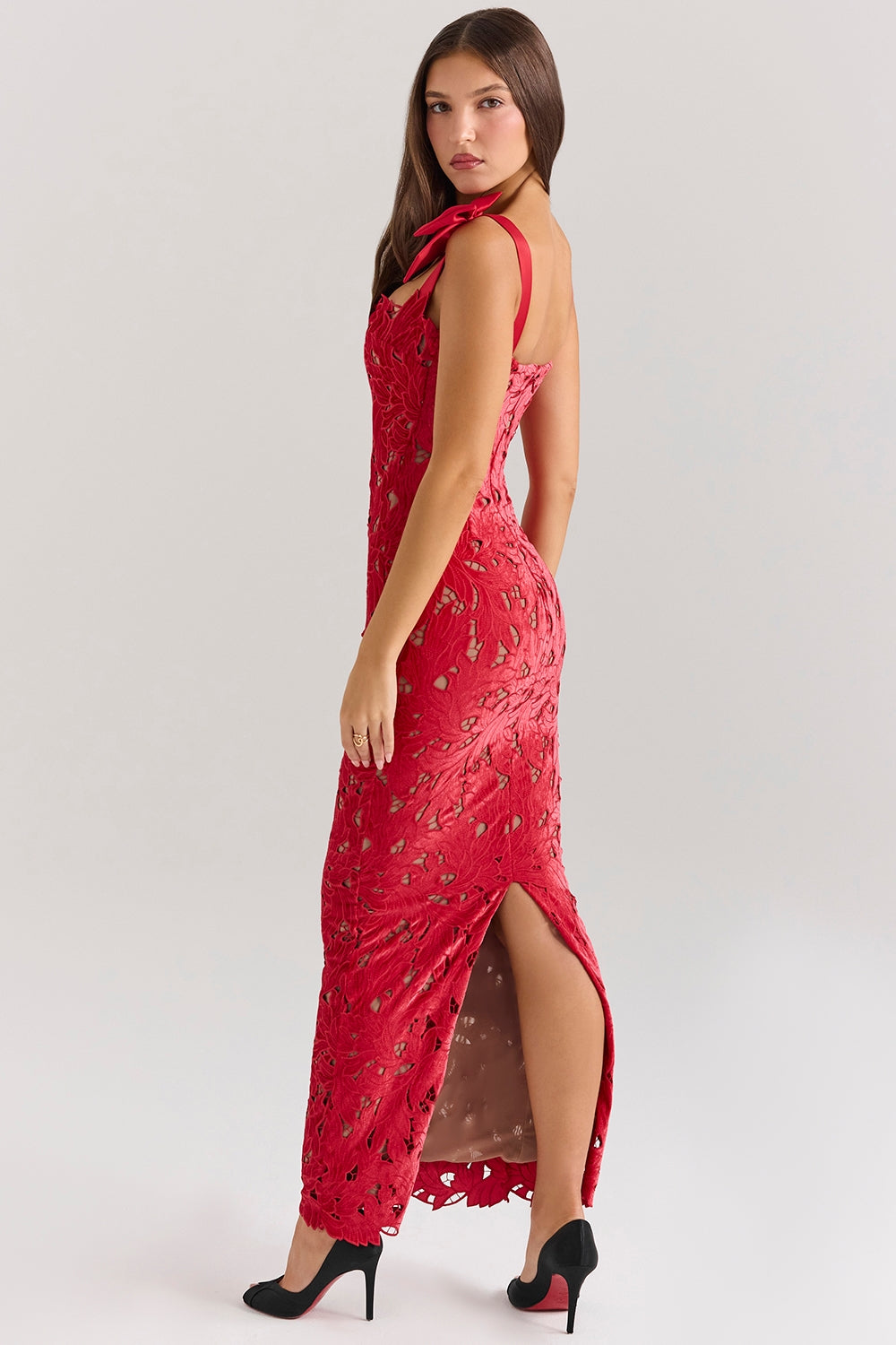Tiff-Holly Red Velvet Lace Maxi Dress