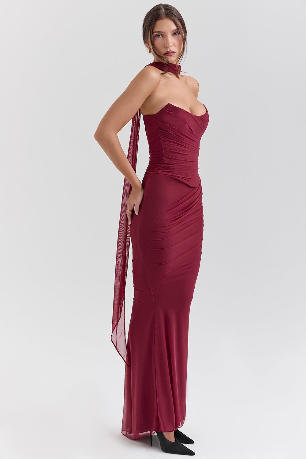 Hallie-Cabernet Strapless Corset with Neck Scarf