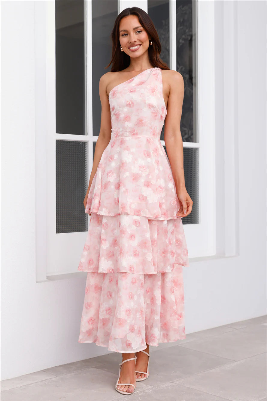Whispering Waters One Shoulder Maxi Dress Pink