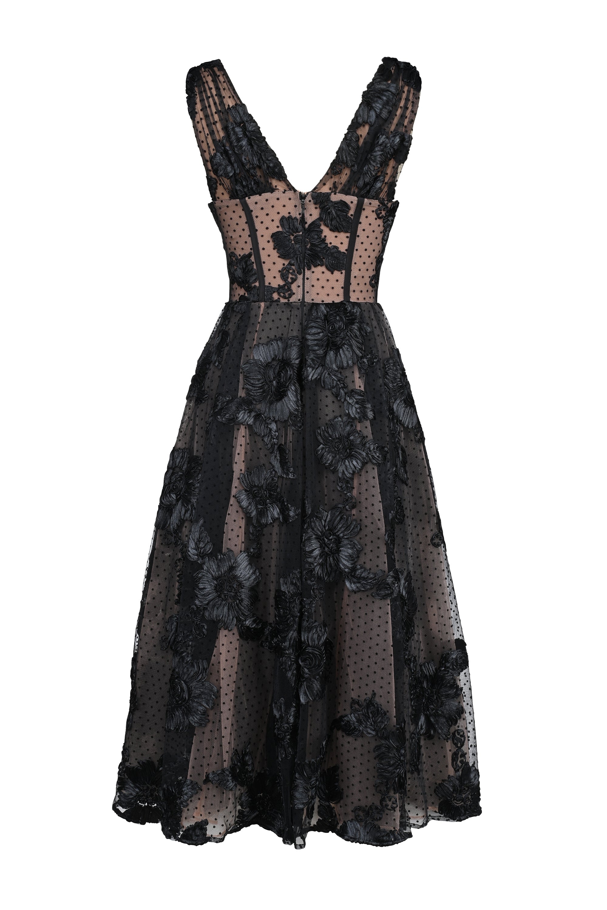 Sianna-Black Embroidered Tulle Corset Midi Dress