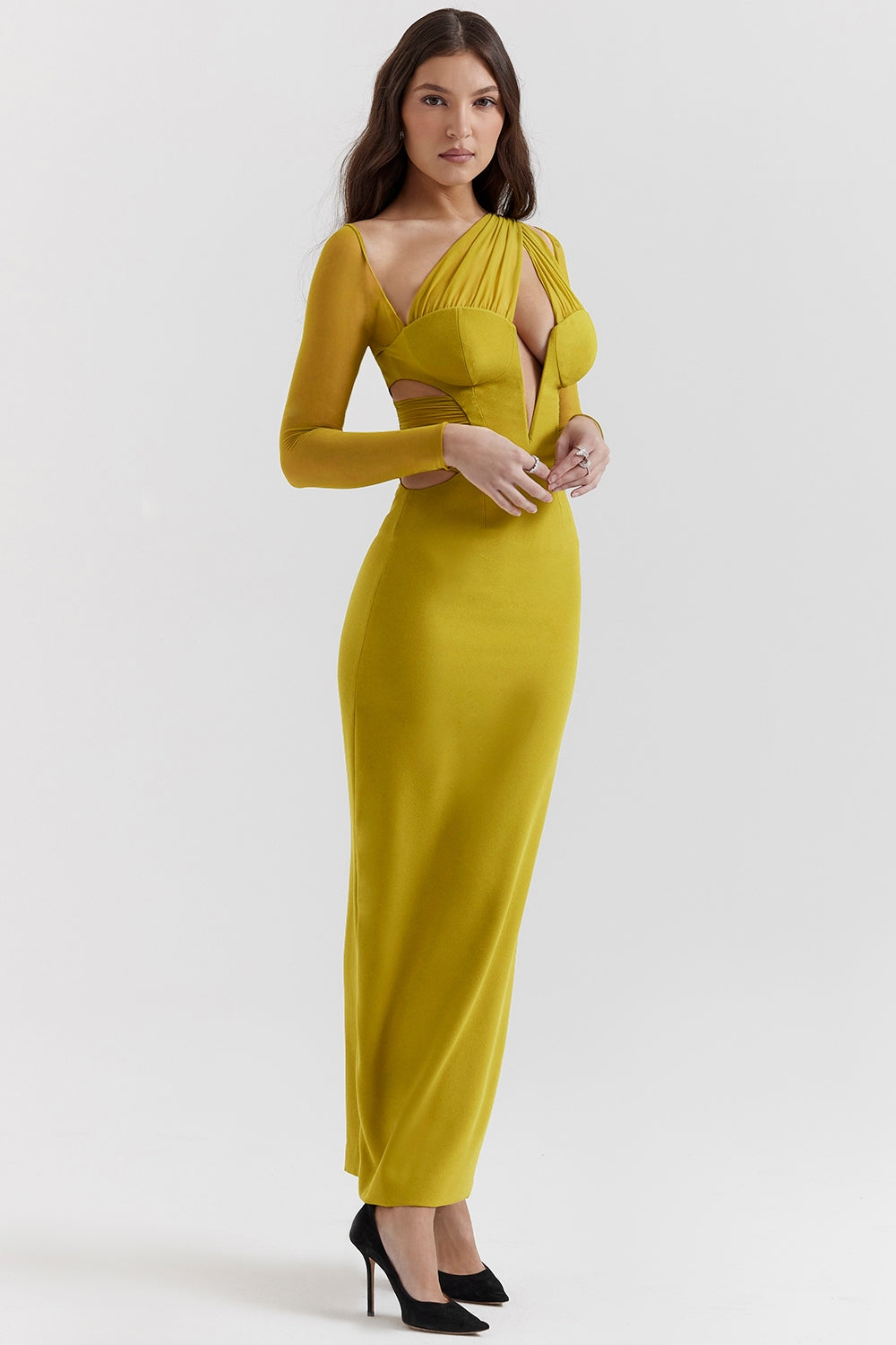 Zahra-Chartreuse Plunge Maxi Dress