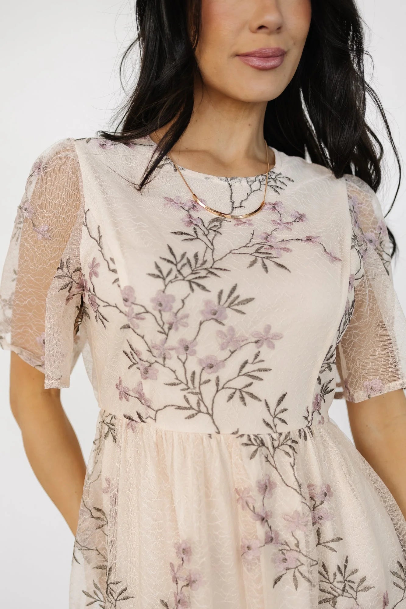 Ashlee Embroidered Midi Dress | Cream + Lavender Floral