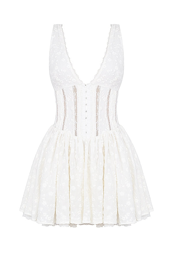 Sarita-White Cotton Broderie Anglais Plunge Mini Dress