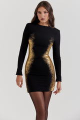 Domenica-Black & Gold Foil Print Mini Dress