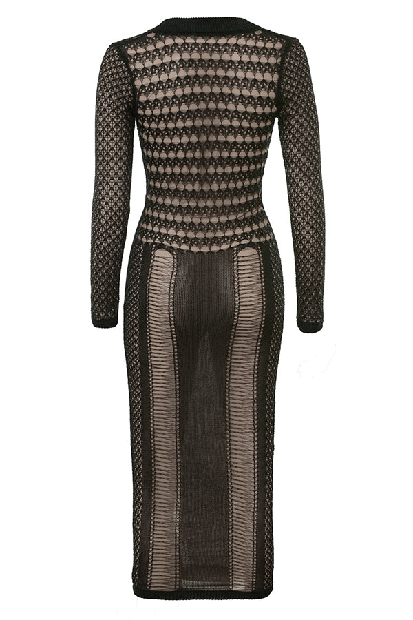 Loula-Black Plunge Open Knit Midi Dress - SALE