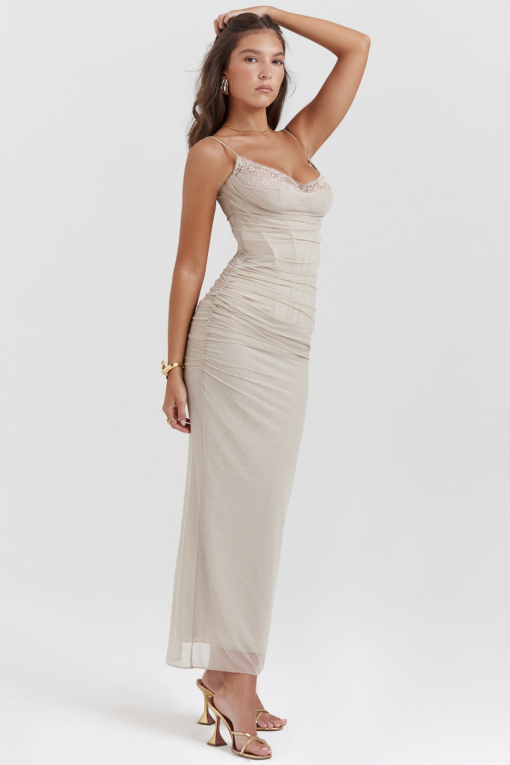 Nalini-Sand Stretch Mesh Maxi Dress