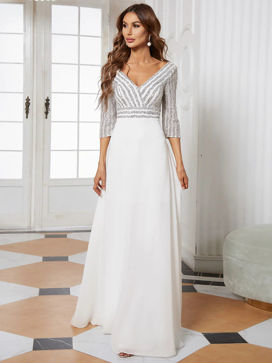 Sexy V Neck A-Line Sequin Wholesale Evening Dresses With 3/4 Sleeve