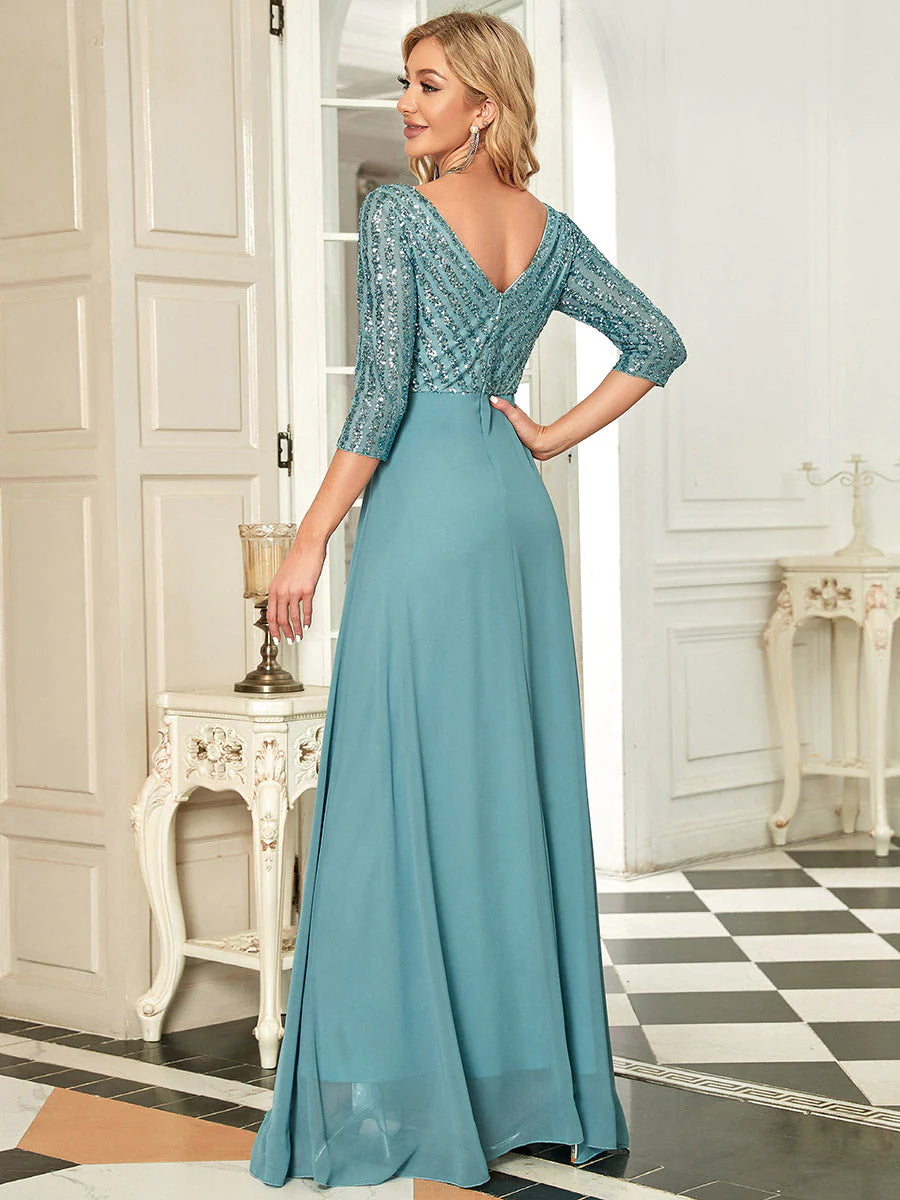 Sexy V Neck A-Line Sequin Wholesale Evening Dresses With 3/4 Sleeve